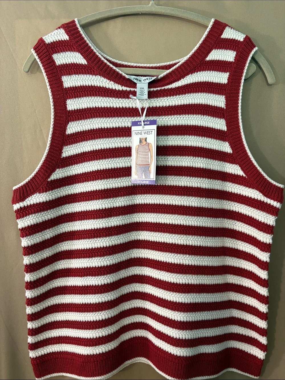 Nine West Red and White Striped Crotchet Scoop Tank